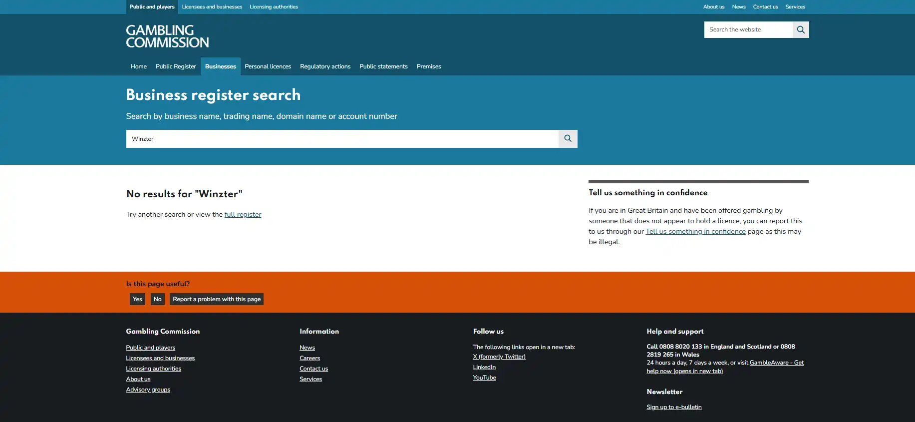 Real Gambling Commission business-register search showing the current Winzter or Rabocse lookup context