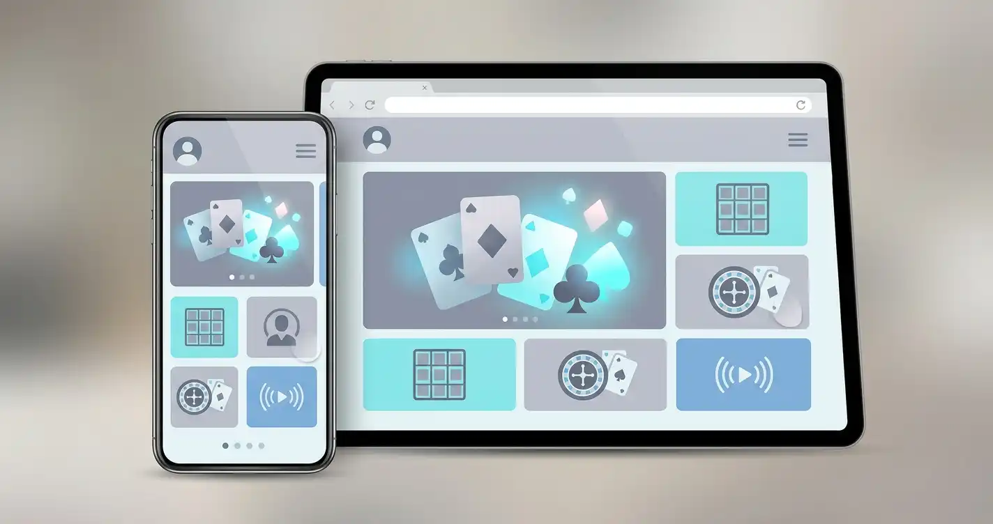 Conceptual responsive mobile browser casino interface shown on a smartphone without brand logos or app-store badges