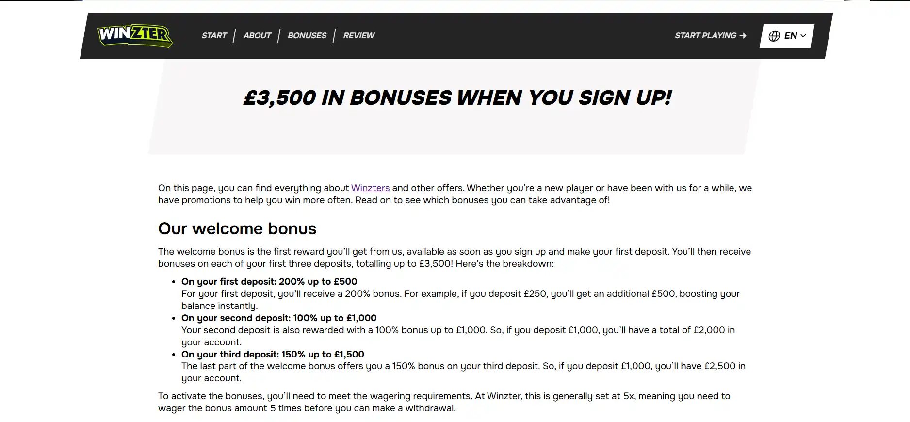Current Winzter UK bonus page showing the three-deposit GBP welcome package