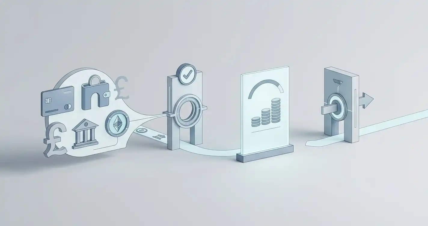 Editorial illustration of deposit, account balance and withdrawal checkpoints in a GBP payment flow