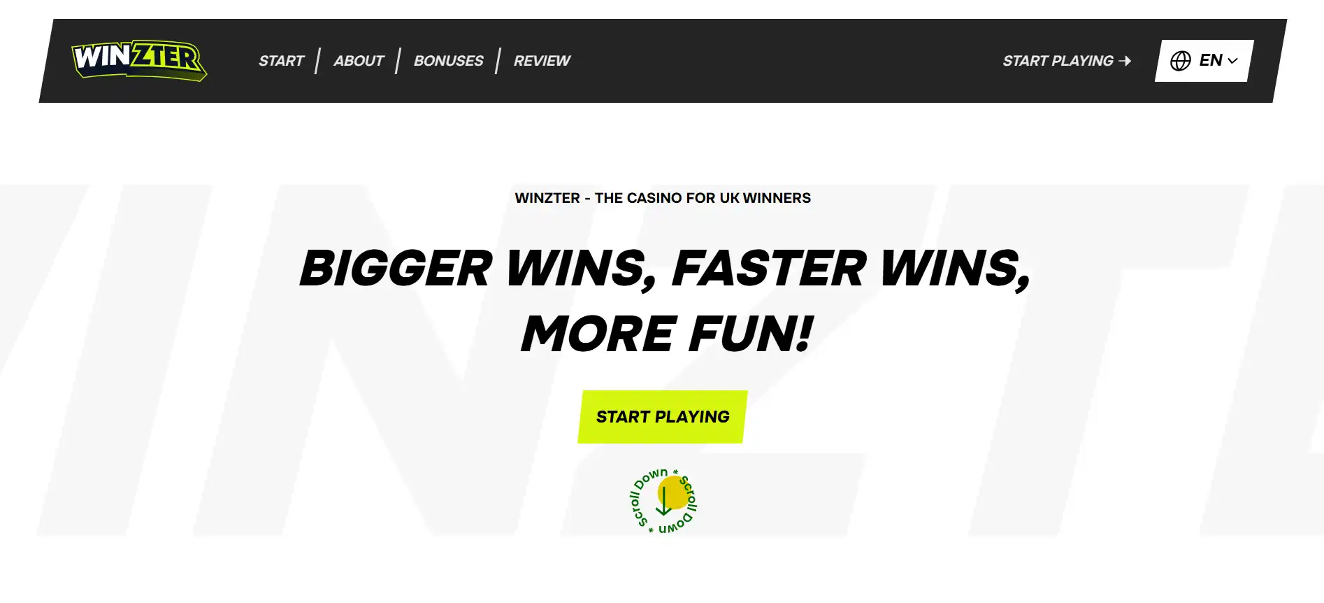 Winzter UK-localised homepage showing English and GBP positioning